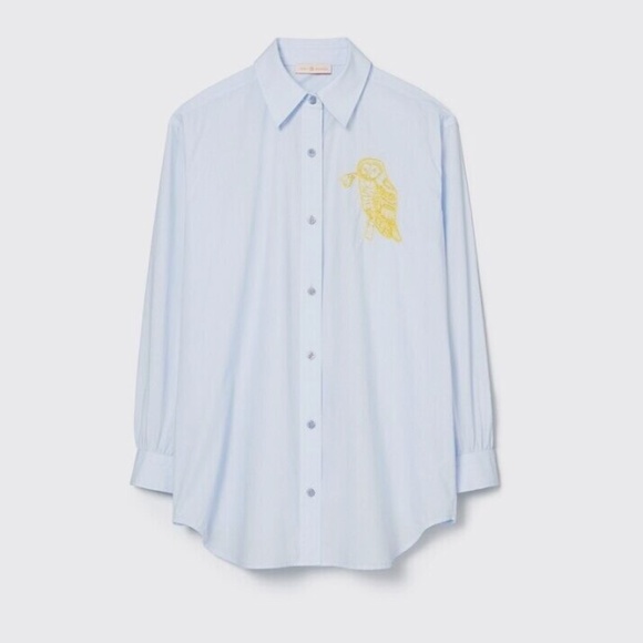 Tory Burch Long Sleeve Embroidered Shirt Owl S Blue Blouse Top Button Down - Picture 1 of 8